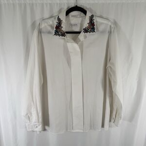Jos A Bank Dress Shirt Women's 16 White Floral Embroidered Collar Long Sleeve